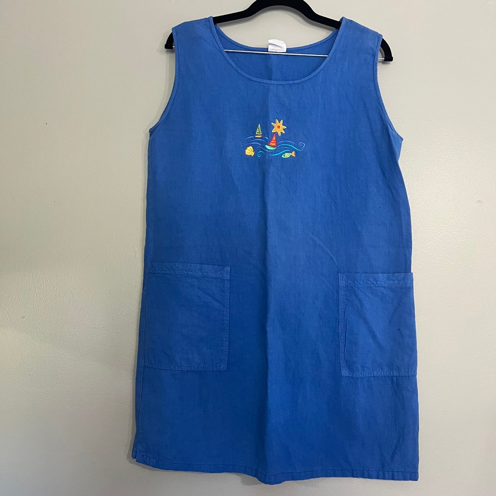 Old World Vintage Blue Nautical Embroidered Sleeveless Shift Pocket Dress Med